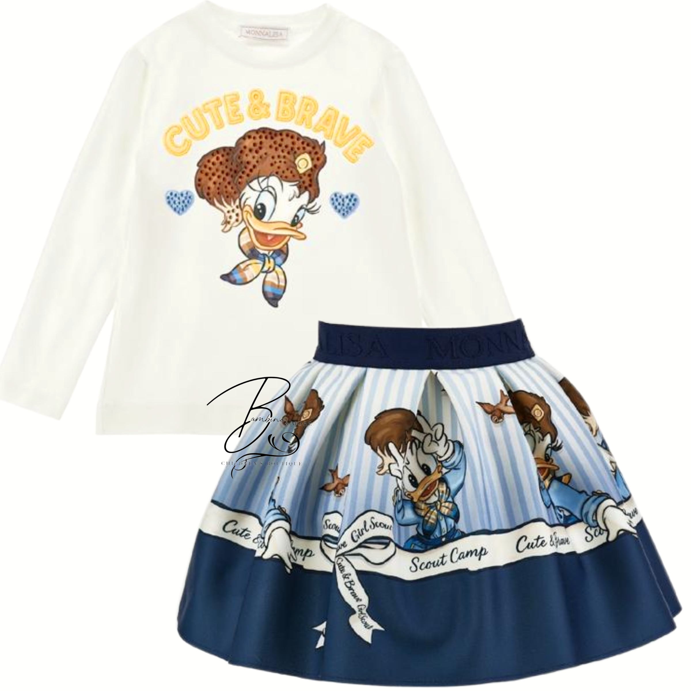 monnalisa girls donald duck blue skirt set